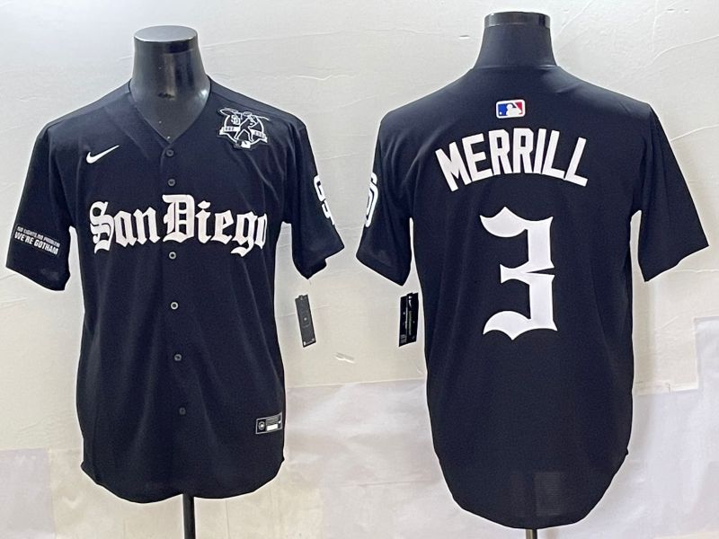 Men 2025 San Diego Padres #3 Merrill Black Five generations Joint Name Nike MLB Jersey style 16->san diego padres->MLB Jersey